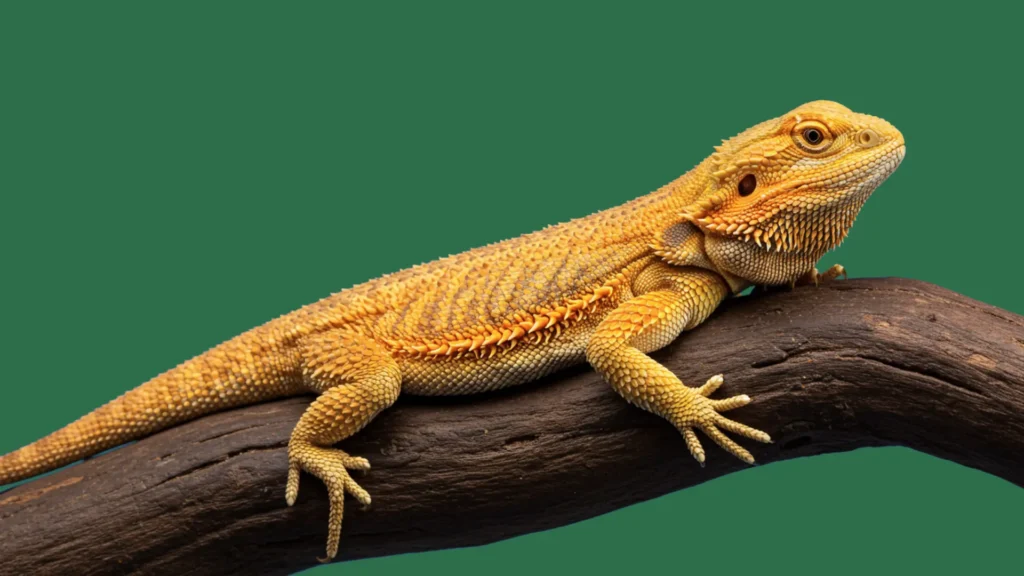 Orange bearded dragon resting on a branch against a blue background