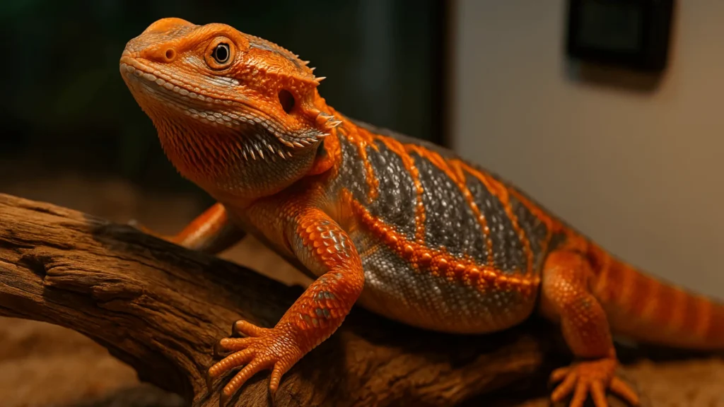 A red and yellow Silkback bearded dragon resting indoors, a delicate outcome of bearded dragon selective breeding.