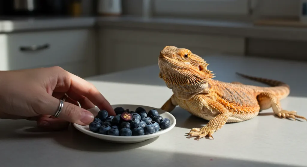 Serving raw blueberries to a bearded dragon