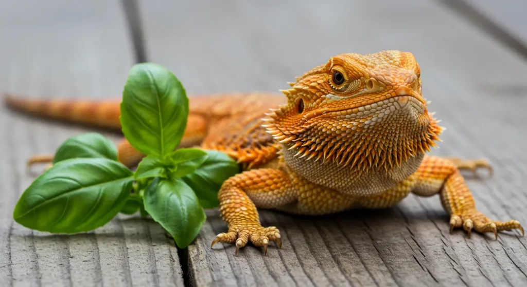 Can Bearded Dragons Have Basil - Bearded Dragon sniffing fresh basil leaves