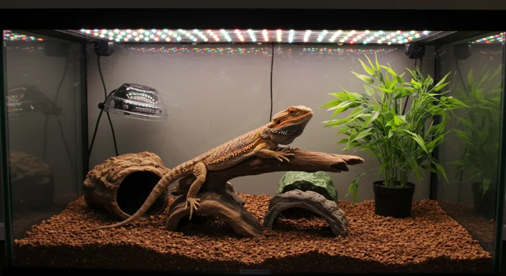 Bearded dragon inside a spacious, well-lit terrarium with UVB lighting