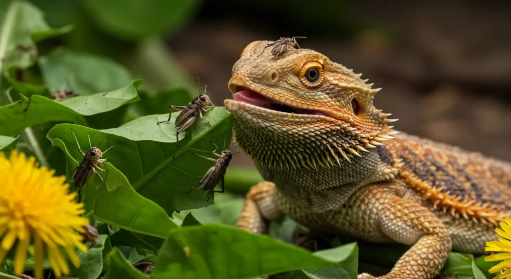 Healthy bearded dragon eating live crickets and fresh leafy greens