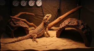 Owner giving a bearded dragon a warm bath in a shallow water container