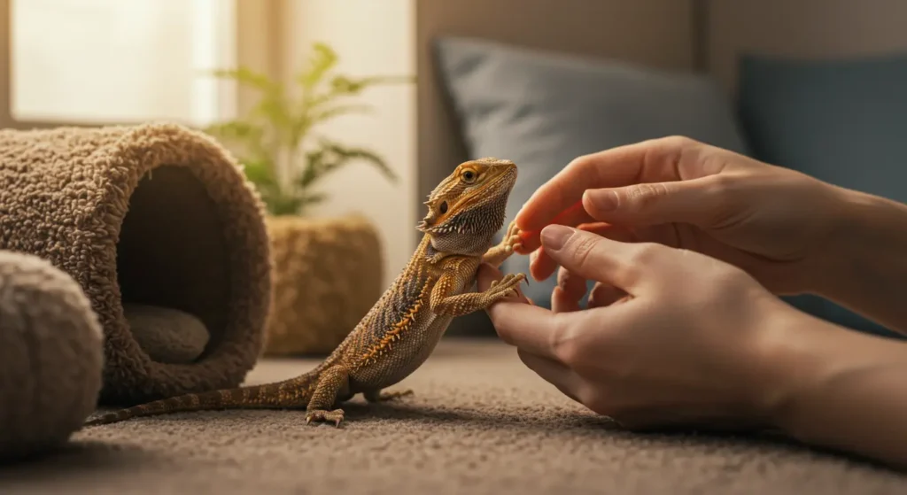Bearded dragon calmly exploring outside its enclosure with gentle handling
