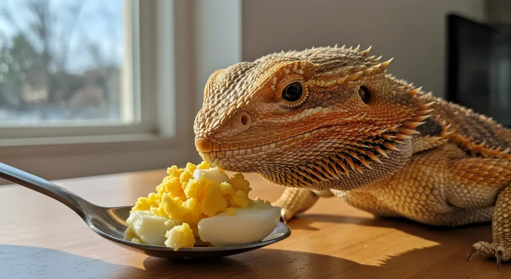 Healthy bearded dragon with a balanced diet including greens and insects