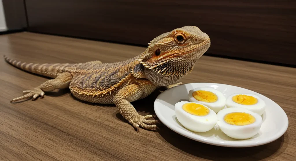 Bearded dragon next to hard boiled eggs on a plate