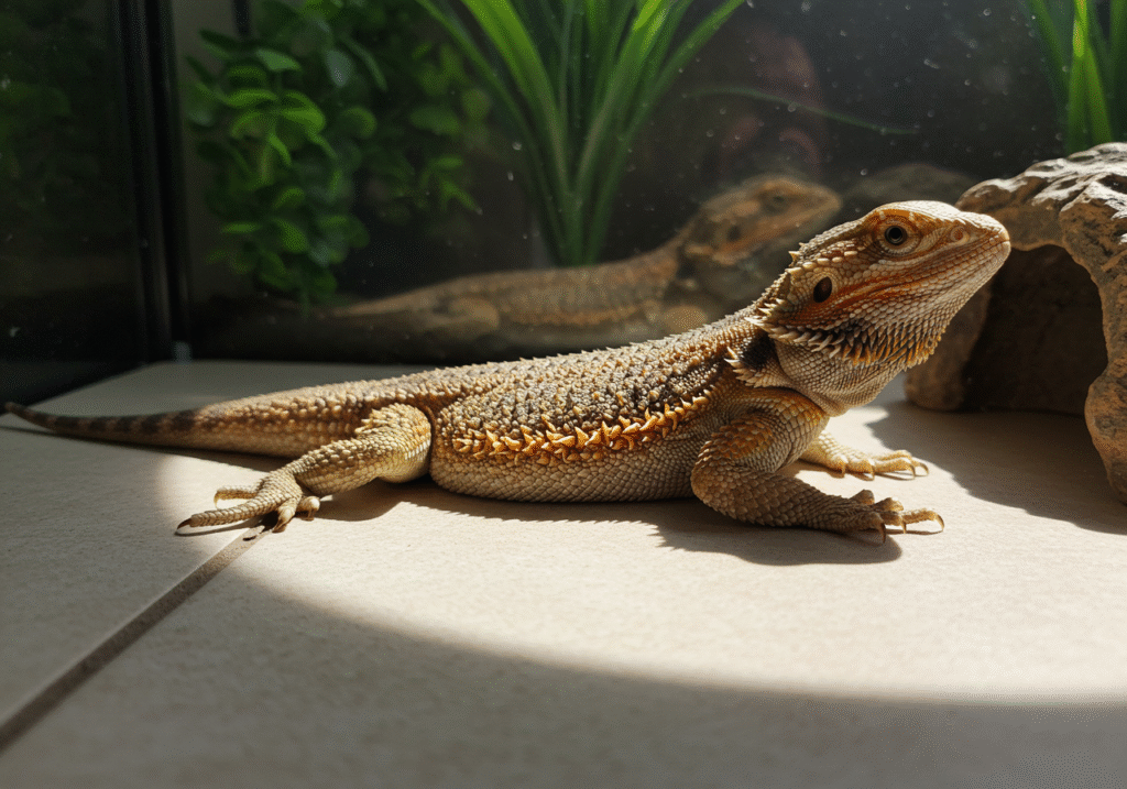 Bearded dragon enclosure with tile substrate for easy cleaning