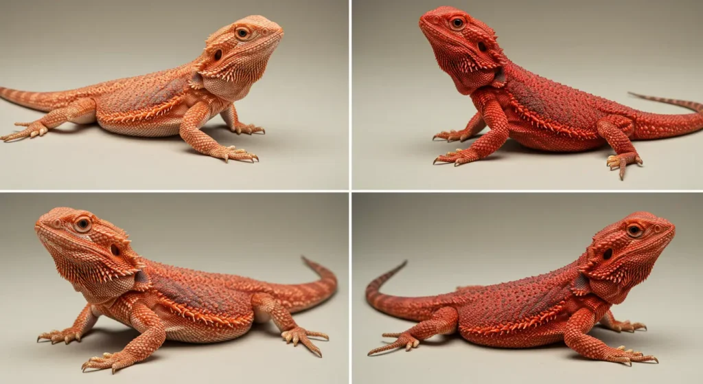 Different red morph bearded dragon types including hypo, translucent, blazing, and leatherback