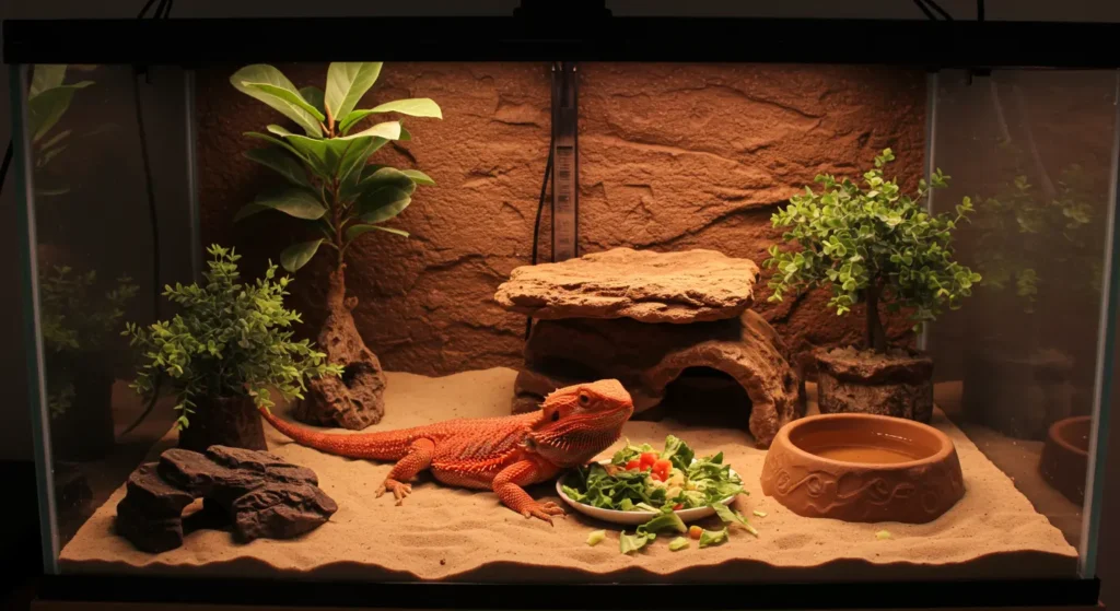 Red morph bearded dragon in a well-maintained terrarium with UVB lighting and fresh food